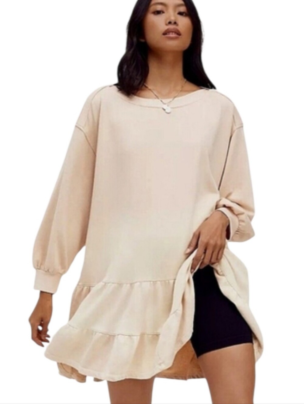 Free People We The Free Sunny Side Mini Sweatshirt Dress Ruffle Hem Cream Sz XS